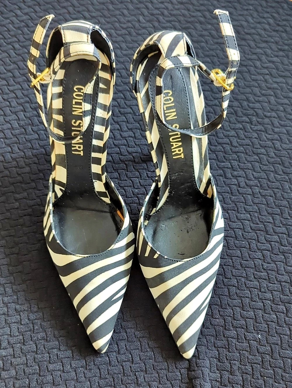 Colin Stuart Striped Pointed-Toe Heels in Black & Cream